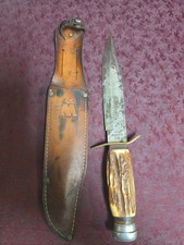 Vtg Original Bowie Knife SABRE MONARCH 271 Stag Handle w/Leather Sheath Patina