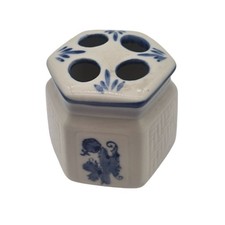 Vintage Porcelain Toothbrush Holder With Blue Floral Design Hexagonal 4 Holes