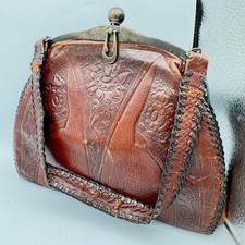 Antique Leather Handbag Wallet Edwardian 1920s 1930s Handmade Whipstitch Leather