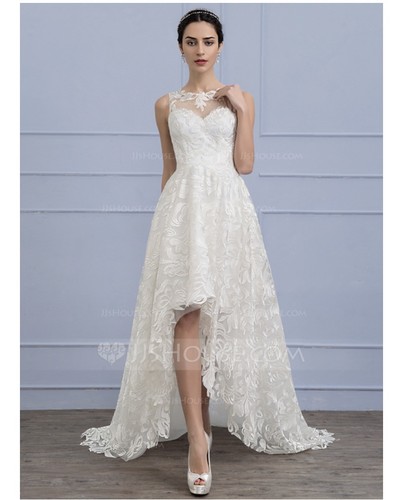 A-Line Scoop Neck Asymmetrical Lace Wedding Dresses EU Size 36 ( Ivory Color ) - Picture 5 of 6