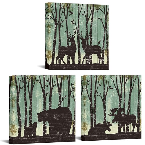 Wildlife Wall Art Canvas Bear Deer Moose in Forest Pictures Rustic Wild Anima...