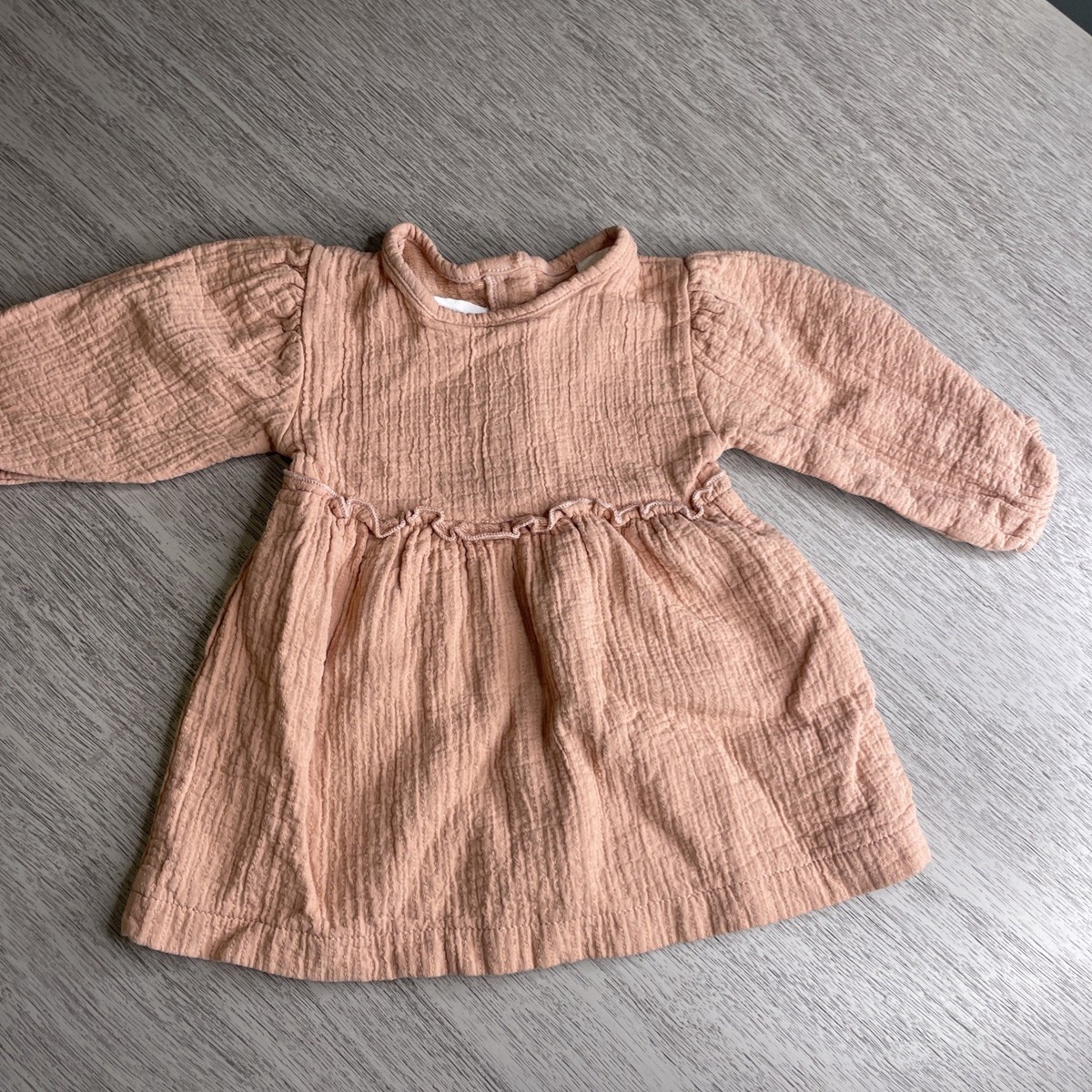 infant cotton dress Coral Heart Gathered  Girls Dress smocked organic crinkle muslin baby dress ZARA- Baby Cotton Gauze Dress-peach-