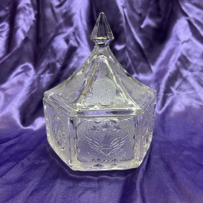 Vntg Glass Candy Dish w/ Lid American Eagle Star Hexagon 6'' Tall EUC!
