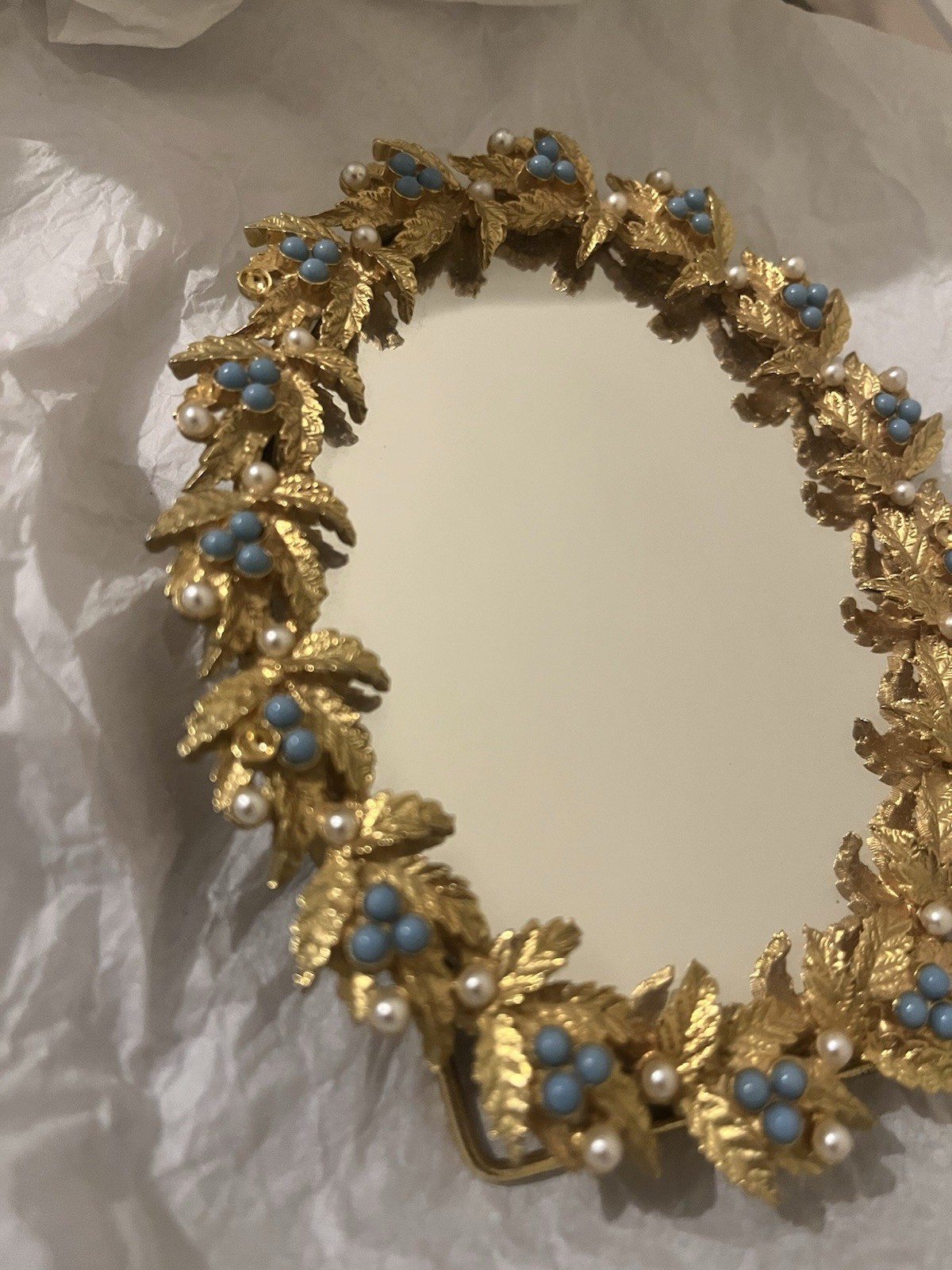 vintage Mirella gold-plated mirror embellished with pearls and turquoise stones