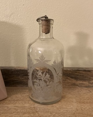Apothecary Jar with Floral Etching and Silver Ring Cork Topper. 5.5 