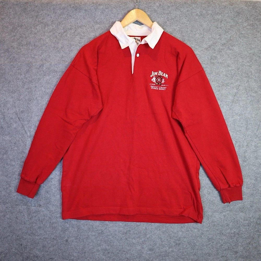 Vintage Jim Beam Rugby Shirt Mens XL Red White Collar Bourbon Whiskey Promo