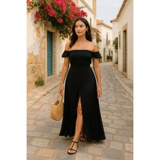 Flynn Skye Black Off-Shoulder Maxi Dress Sz L Vacation Resortwear Goth Boho Chic