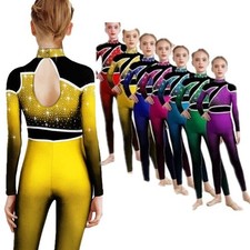 Girls Dance Unitard Gradient Color Gymnastics Leotard Shiny Ballet Full Bodysuit