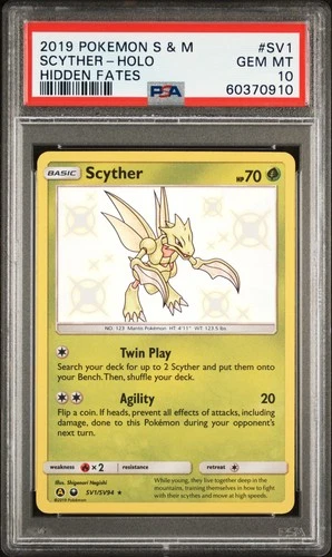 2019 POKEMON SUN & MOON HIDDEN FATES #SV1 SCYTHER-HOLO PSA 10