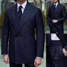 Men Suit Striped Navy Blue Double Breasted Peak Lapel Wedding Custom
