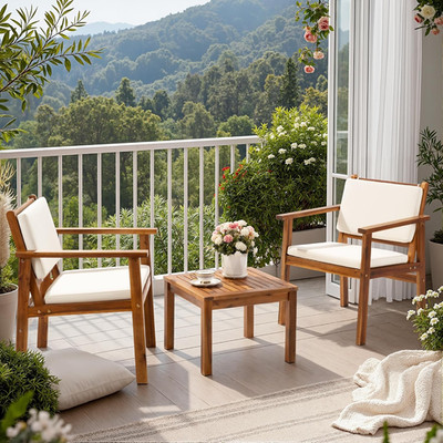 Acacia Wood 3-Piece Patio Set with Cushions & Coffee Table for Relaxation