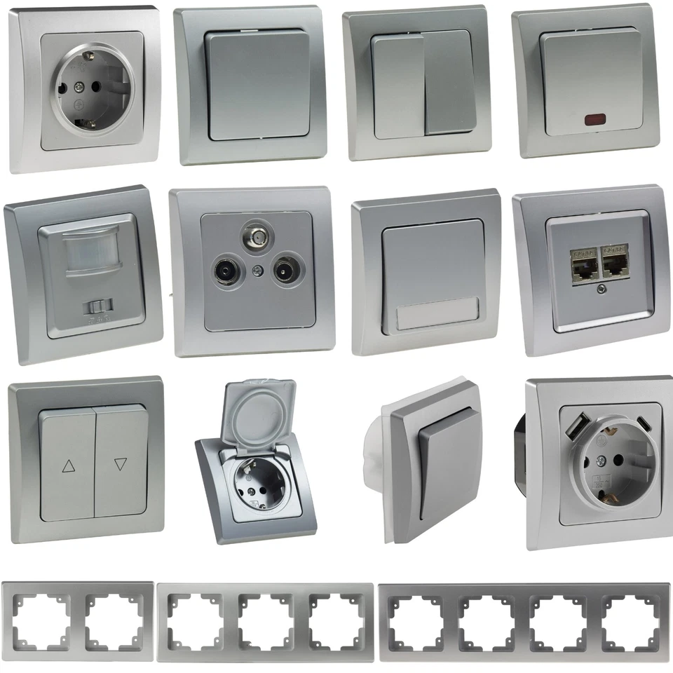 DELPHI silber Steckdosen Serie Steckdose USB-C Antene Sat Taster Schalter Dimmer