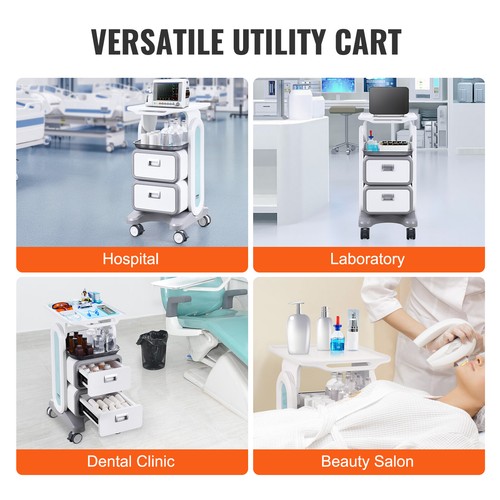 VEVOR 3 Tiers Lab Carts Mobile Medical Cart with 2 Drawers & 1 Top Tray White - Picture 6 of 12