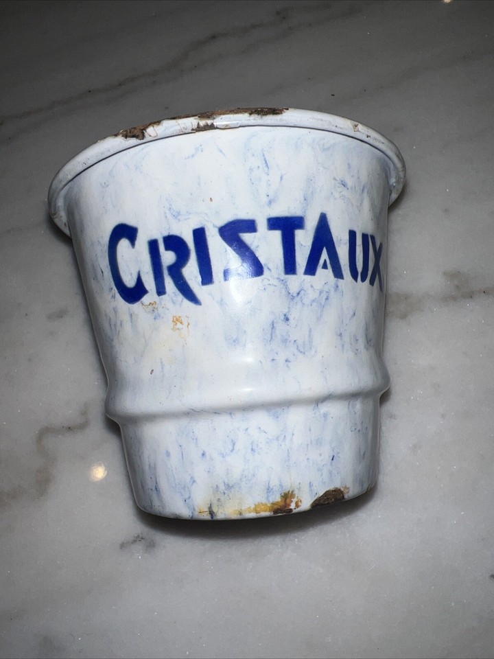 Rare Vintage French Enamel Pot Cristaux Blue White Black Soap Crystals