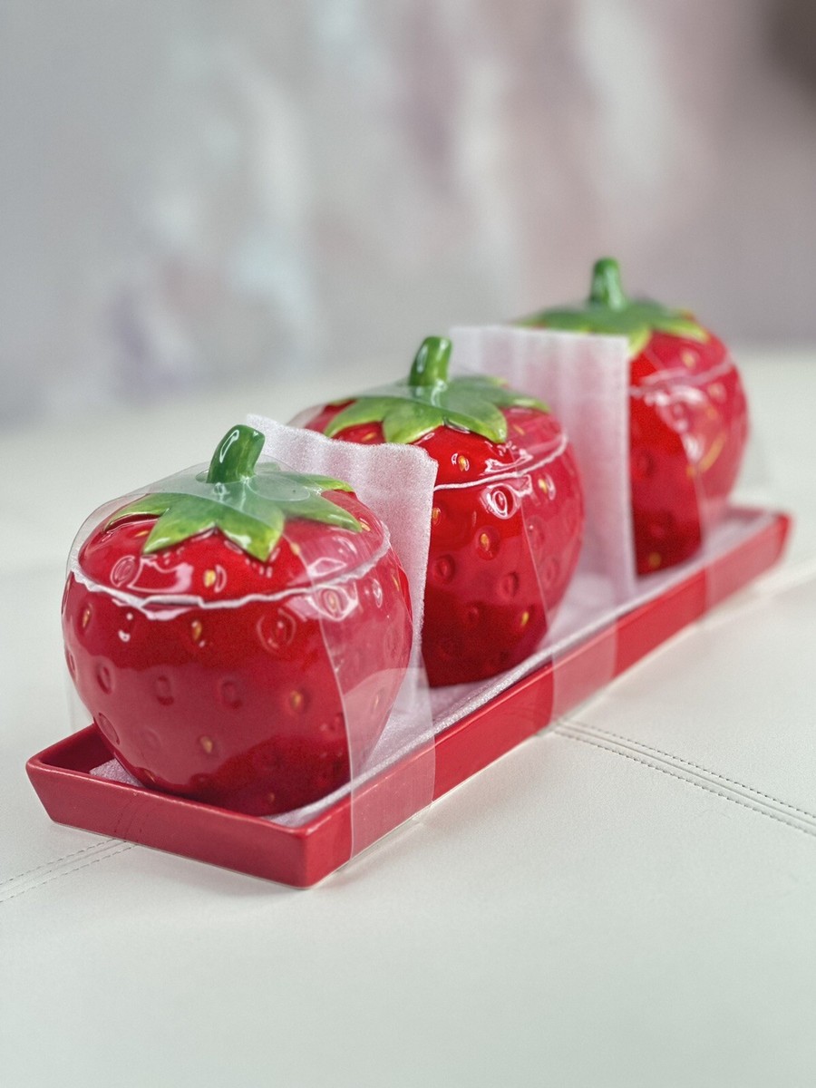 Set of 4pc: Strawberry Jars W/Lids 5” & Ceramic Tray 12,5x4,5