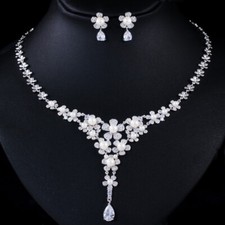 Silver Plated CZ Pearl Flower Drop Necklace Earrings Women Costume Jewelry Set