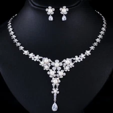 Silver Plated CZ Pearl Flower Drop Necklace Earrings Women Costume Jewelry Set