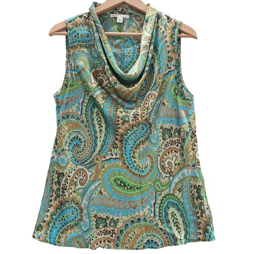 Banana Republic Women's Large Green Paisley Cowl Neck Sleeveless Blouse Top