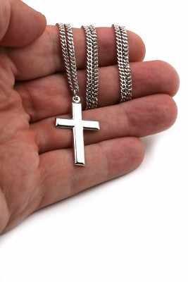 Sterling Silver Polished Cross Pendant Classic Necklace 24 Inch Chain Men  Women