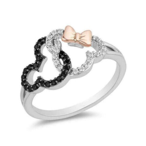 0.50Ct Round Black Diamond Mickey Mouse Wedding Ring 14K White Gold Over US 6-10