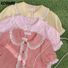 Lolita Plaid Blouse Women Lace Ruffle Shirt Peter Pan Collar Short Sleeve Tops