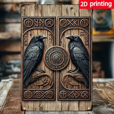 Tin Metal Signs Home Décor Viking Shield and Raven Iron Wall Art, Waterproof Pai