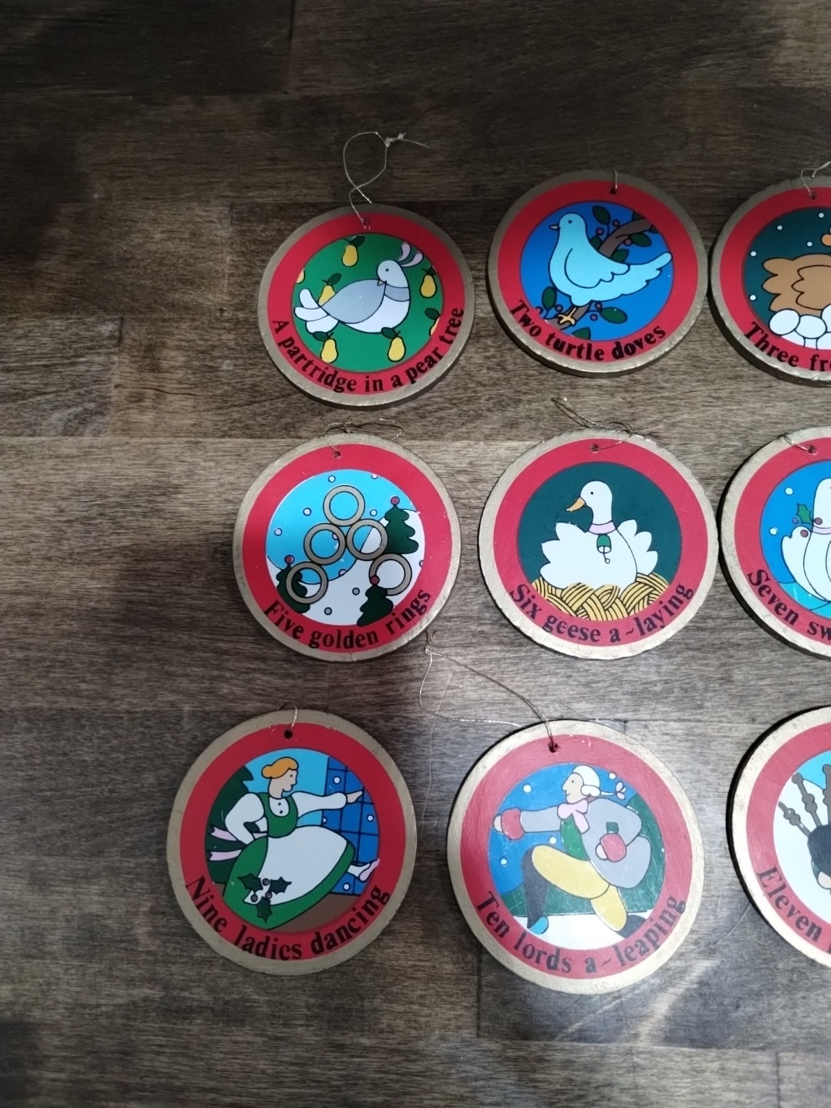 Vtg Lillian Vernon Painted Wood Set of 12 Days of Christmas Ornaments New Wooden