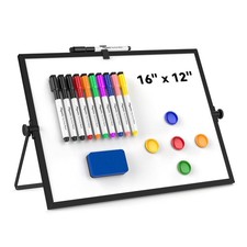 Magnetic Desktop Whiteboard 16x12 in, Double Sided, Stand, 10 Markers, Black