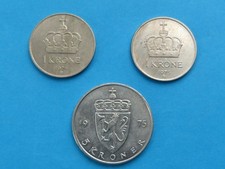 3 COINS NORWAY・5 CROWNS 1975, 2x 1 CROWN 1974, 1975・KING OLAV V・VZ / EF