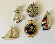 Lot of 5 Nautical Brooches Pins & Locket - Sailboats, Anchors, 2 Signed Best
