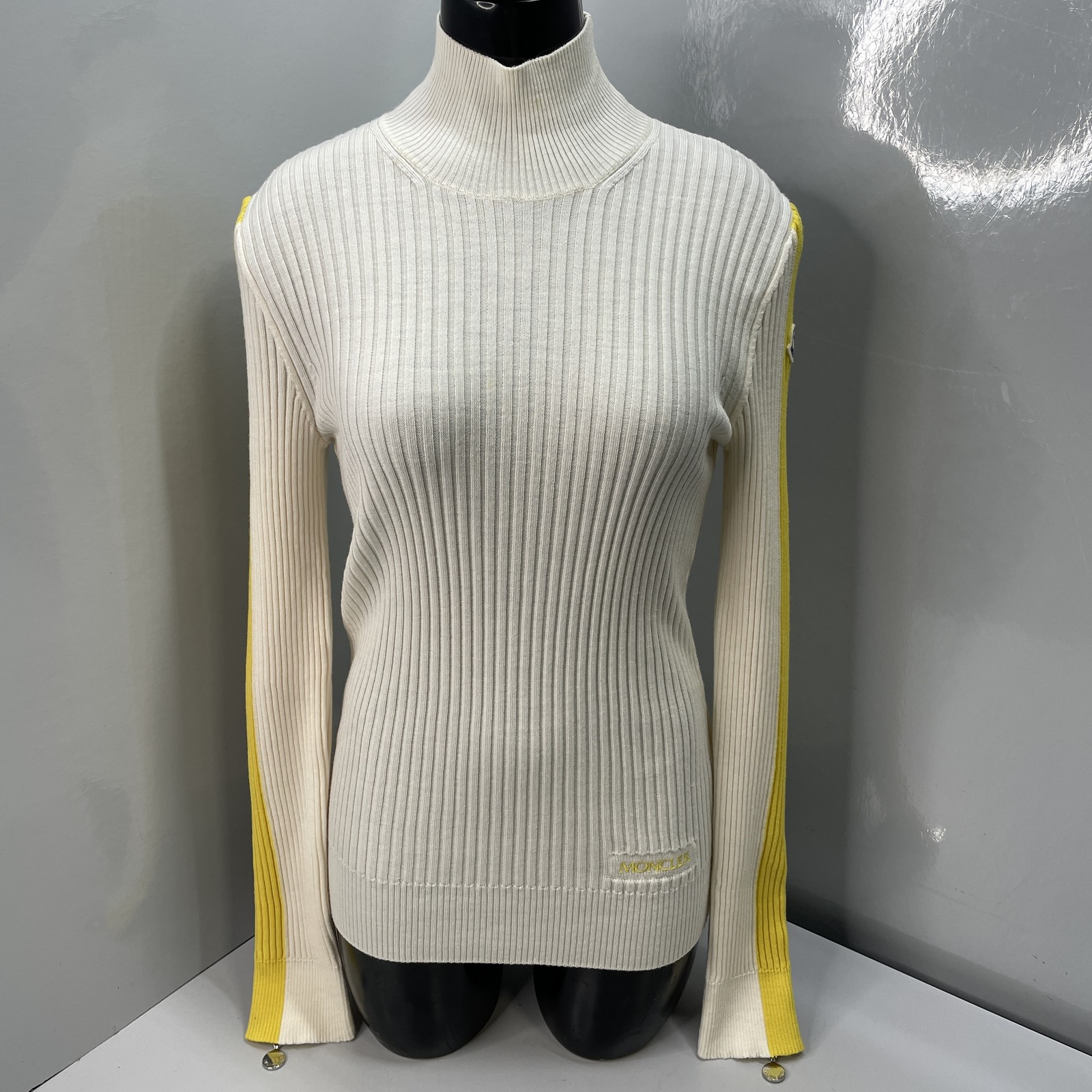 Moncler Womens Sweater White/Yellow Size S Wool Rib Knit Striped Long Sleeve