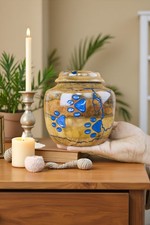 Pet Cremation Urn with Blue Paw Prints   Handcrafted Decorative Urn for Dog