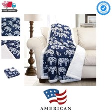 Navy Elephant Parade Throw Fuzzy Reversible Sherpa Blanket 60 x 50 White