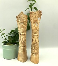 Vintage 2 x Carved Bovine Cow Bone Totem Poles 8" Hollow Tribal Indonesian