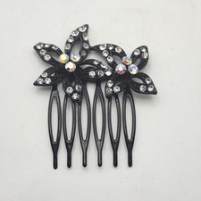 Black Floral Rhinestone Hair Comb Iridescent Accent Decorative 6 Tooth Slide