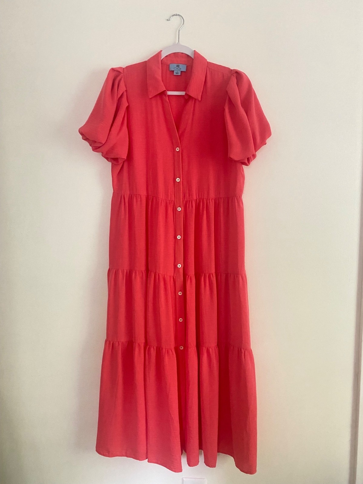 CeCe Coral Button-Front Tiered Midi Dress With Puff Sleeves Size M