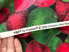 Vtg 44X36" VIP CRANSTON Red Green Black ORNAMENT BALLS Xmas Quilt FABRIC Gold A