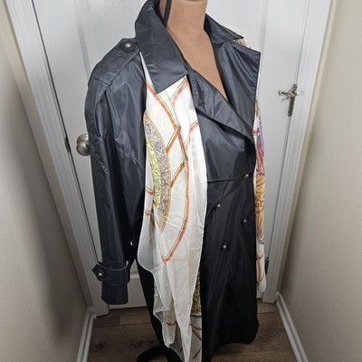 VTG J.Gallery Double Breasted Trench Coat Womens 7/8 Petite Black & Silk Scarf