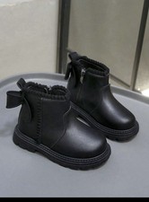Black Chelsea Ankle Boots for Unisex Kids with Bow Accent and Side Zip