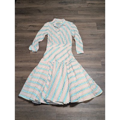 Tish Cox Womens Small Pastel Plaid Seersucker Drop Waist Ruffle Midi Dress  Pink | eBay