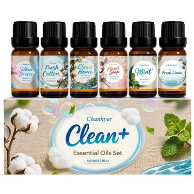 Clean Essential Oils Set 6 x 10ml Fresh Linen, Mint,Clean Home,Silken Bree
