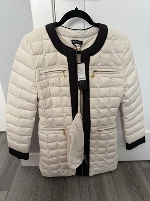 Bebe Women s Quilted Packable Jacket Cream Black Trim Gold Zippers NWT Small