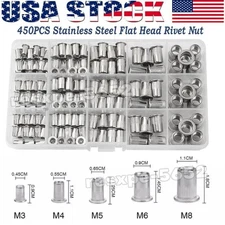450 Pcs Rivet Nut Kit Stainless Steel 304 Flat Head Rivnut Threaded Insert Nuts