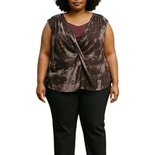 H by Halston Sleeveless Printed Chiffon Drapey Top Burgundy Women Size 28W