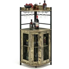 Corner Bar Cabinet Industrial Liquor Wine Cabinet w/ Mesh Doors & Glass Holder