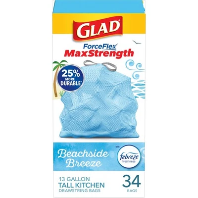 Glad Tall Kitchen Trash Bags 13 Gallon, MaxStrength Beachside Breeze Garbage Bag