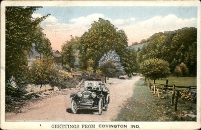Covington IN Automobile on Road c1910s Vintage Postcard