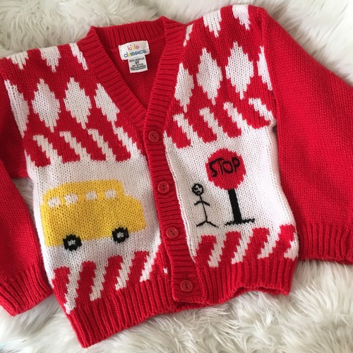 Vintage Kids Sweater Cardigan School Bus Stop Sign