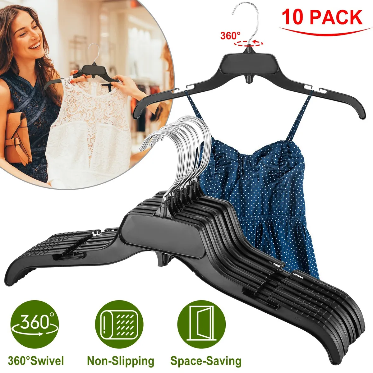 10 Pack Clothes Hangers Non-Slip Notched Space-Saving Plastic Clothing Hangers for Shirt Suit Coat Home Store Use