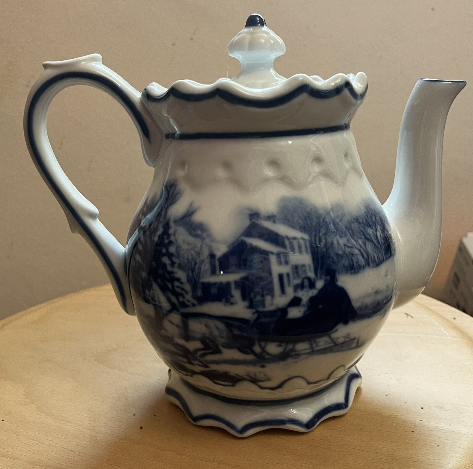 Cracker Barrel Blue And White Porcelain Tea Pot Winter Homestead EUC eBay